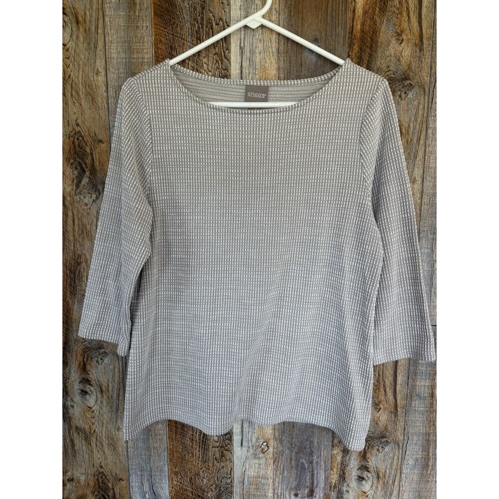 Chico’s Top Women Size 1 Tan Textured Knit 3/4 Sleeve Stretch Blouse Medium
